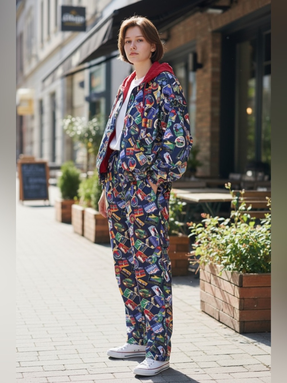 VTG 90s Track Suit Jacket Pants Sz SM/MED Post Card Travel All-Over Print Hooded